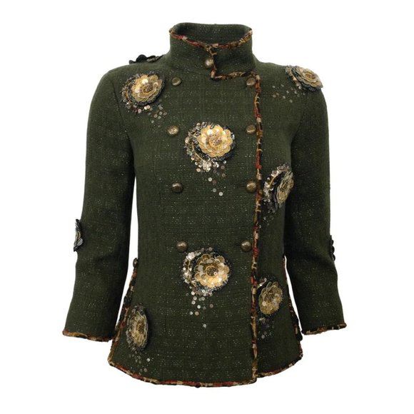Chanel Olive Tweed with Leather Camellia Embellishments Blazer